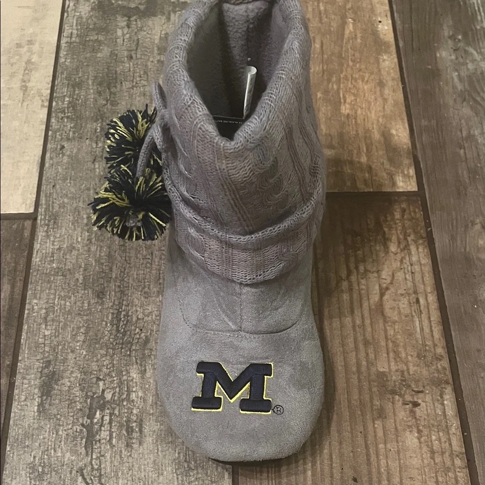 Gray University of Michigan Booties with Pom Poms and gold sequins detail NWOT - Picture 4 of 12